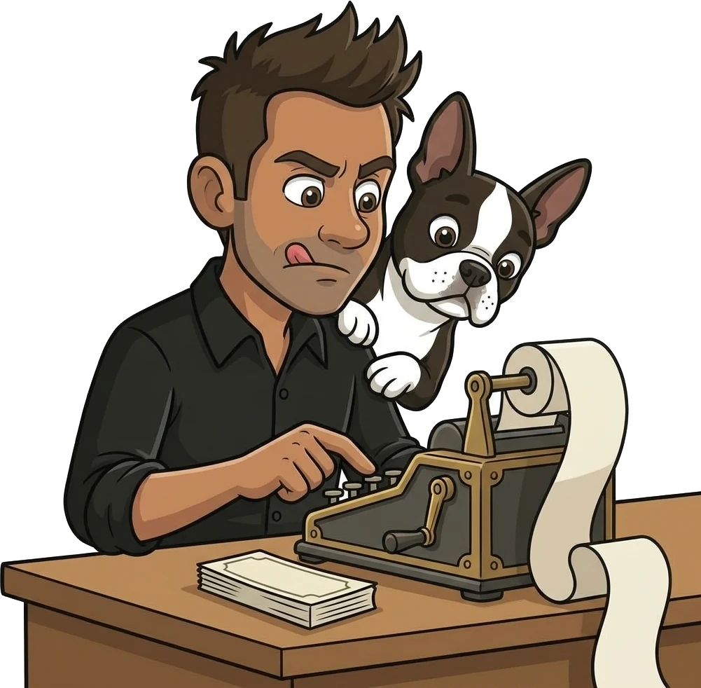 Cartoon of BJ adding up the bills on an old adding machine, tongue out in concentration, with Bubba Jake peeking over his shoulder