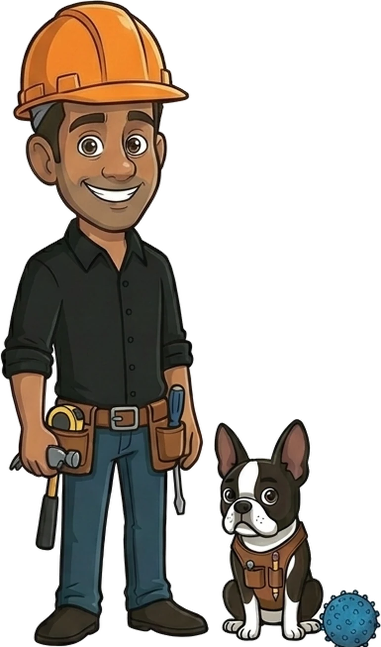 Cartoon of BJ in an orange hard hat and leather tool belt, with Bubba Jake sitting beside him in his own little tool vest