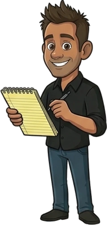 Cartoon of BJ taking notes on a notepad, with his Boston terrier Bubba Jake sitting beside him