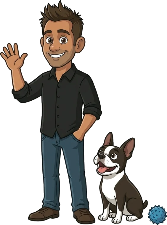 Cartoon of BJ waving hello, with his Boston terrier Bubba Jake sitting beside him